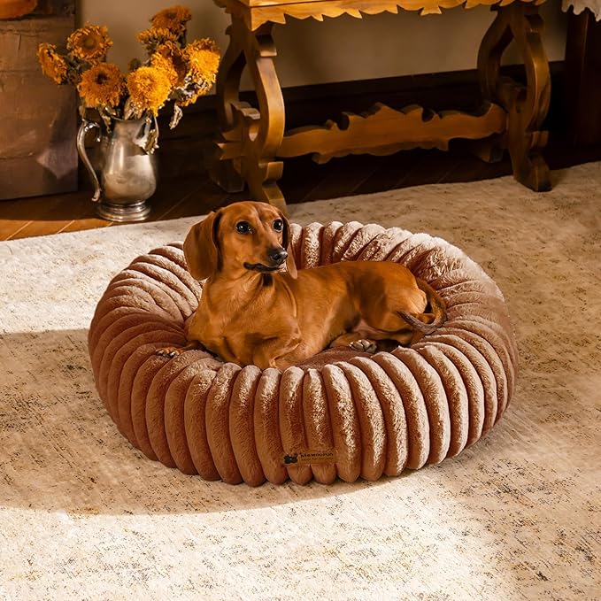 MEWOOFUN Donut Dog Beds for Small Dog, Calming Bed Round Cute Puppy Bed with Non-Slip Bottom, Fluffy Washable Pet Bed for Puppy and Kitten (Dark Brown, M (30x30x8))-Mewly Pet