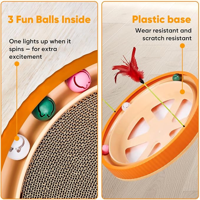 20-Inch Round Cat Scratcher with Ball Track – 3-in-1 Cardboard Cat Scratching Pad with Feather Toys, Non-Slip Base – Interactive Cat Toy for Indoor Cats, Kitten Scratch Play Lounge Board (Orange)-Mewly Pet