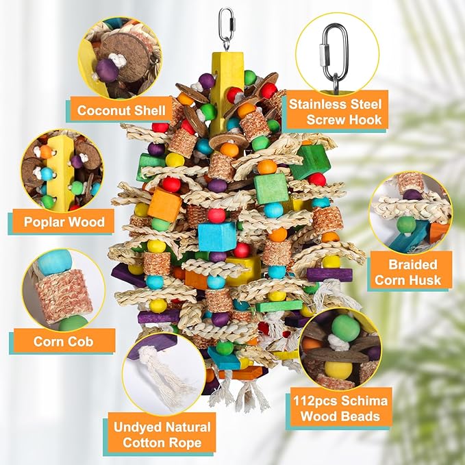 Medium Large Parrot Toys 20in Chewable Bird Toy with Coconut Shell, Poplar Wood, Corn Cob, 112 Schima Wood Beads Bird Shredding Toys Parakeet Macaw Cockatiel Conure African Grey Parrot Gifts-Mewly Pet