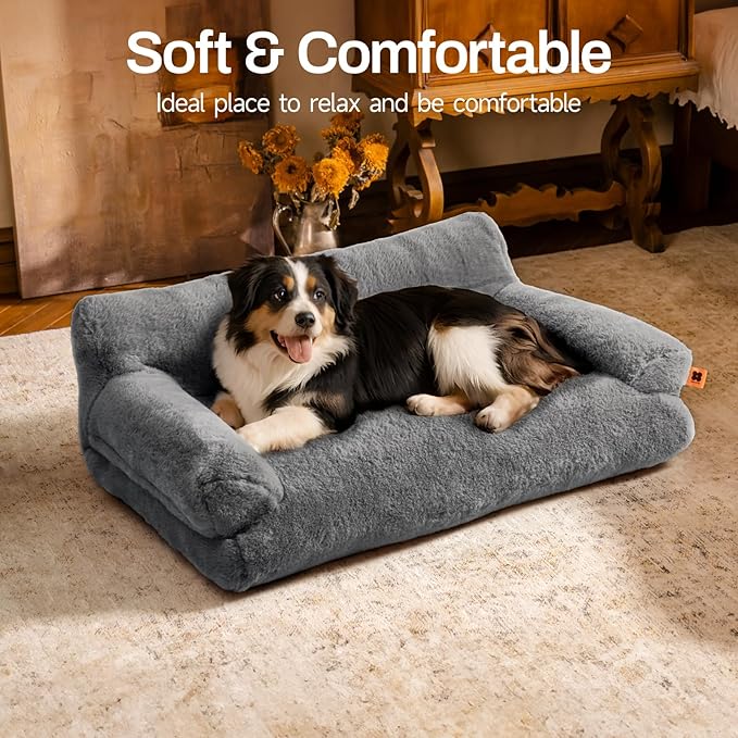 MEWOOFUN Dog Beds for Small Medium Dogs with Removable Washable Cover, Fluffy Dog Sofa with Non-Slip Bottom (Dark Grey, 33.5" L X 25.6" W X 11.5" Th)-Mewly Pet