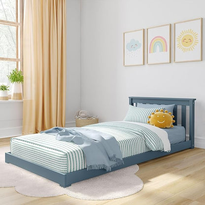 Max & Lily Classic Twin Floor Bed, 79.75 Inches, Solid Wood Low Bed Frame for Kids, Modern Floor Bed for Bedroom, Blue