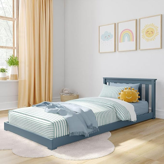 Max & Lily Classic Twin Floor Bed, 79.75 Inches, Solid Wood Low Bed Frame for Kids, Modern Floor Bed for Bedroom, Blue