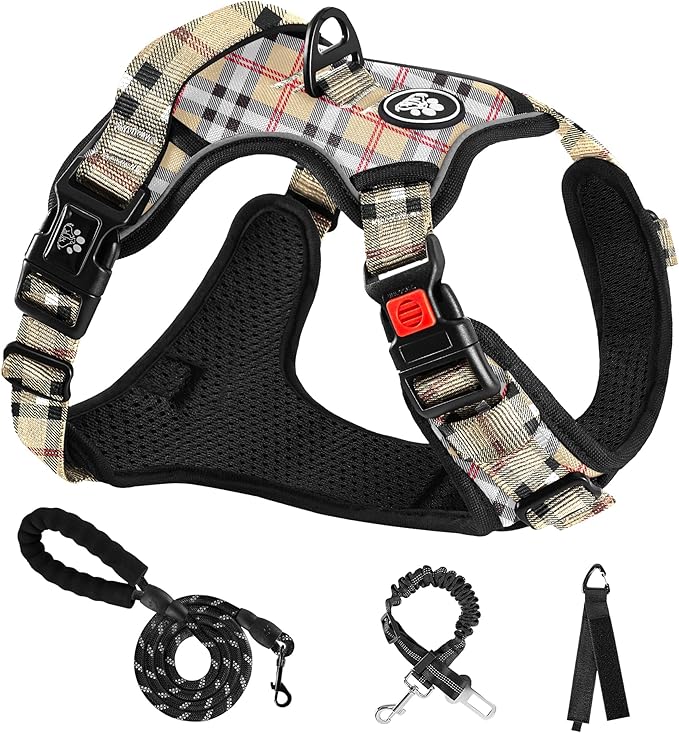 NESTROAD No Pull Dog Harness with Leash, Reflective No Choke Pet Vest Harness,Adjustable Soft Padded Dog Harness with Easy Control Handle for Large Dogs(Checkered Beige,Large)-Mewly Pet
