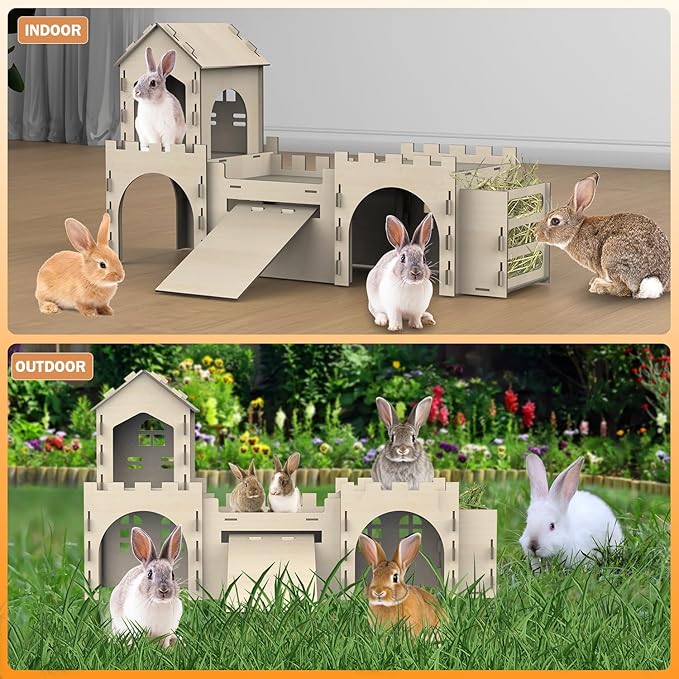 Large Bunny House and Hideouts, Wooden Dual-Layer Rabbit Castle with Stair, Rubber Band-Free Setup - chew-Proof, Sturdy Habitat for Guinea Pig Chinchilla Ferret (Rabbit House with Hay Feeder)-Mewly Pet