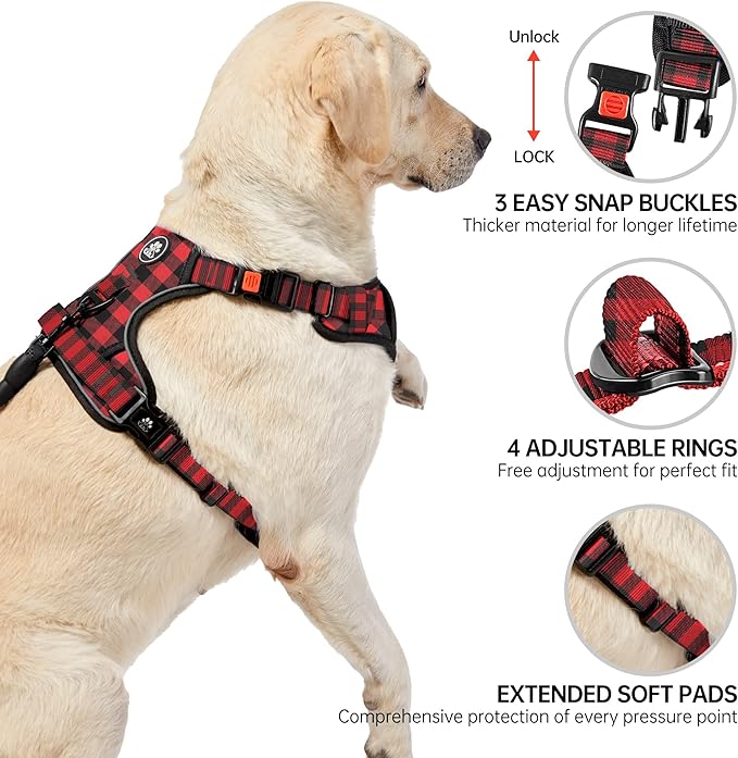 NESTROAD No Pull Dog Harness with Leash, Reflective No Choke Pet Vest Harness,Adjustable Soft Padded Dog Harness with Easy Control Handle for Large Dogs(Checkered Red,Large)-Mewly Pet