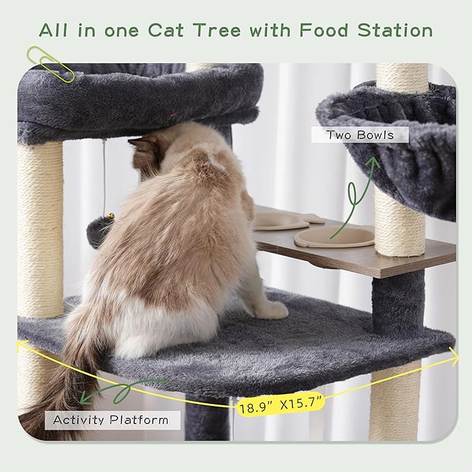 Cat Tree with Tunnel, Cat Tower for Indoor Cats, Tall Cat Tree Tower with Cat Condo, Food Station, Large Platform, Scratching Posts, Hammock, Smoky Gray GCT021G-Mewly Pet