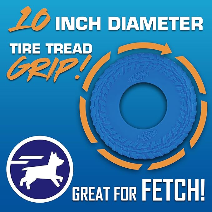 Nerf Dog Tire Flyer Outdoor Dog Toy, 10 Inch Flying Disc Dog Fetch Toy, Rubber Dog Toy for Medium Dogs and Large Dogs, Blue-Mewly Pet