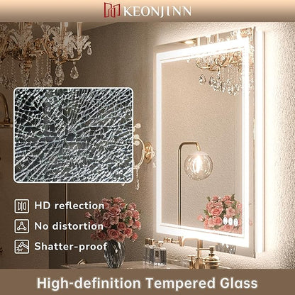 Keonjinn LED Mirror for Bathroom 20" x 28" with Frontlit and Backlit, Stepless 3 Colors Temperature & Dimmable, Double Light Strips, Tempered Glass, UL Listed LED Driver, Anti fog Frameless LED Mirror