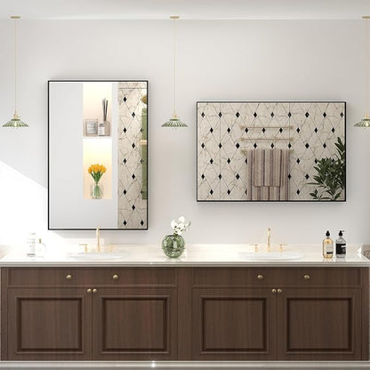 28x32 Inch Black Rectangle Bathroom Mirror, Matte Black Framed Vanity Mirror for Wall, Square Corner, Anti-Rust, Hangs Horizontally or Vertically