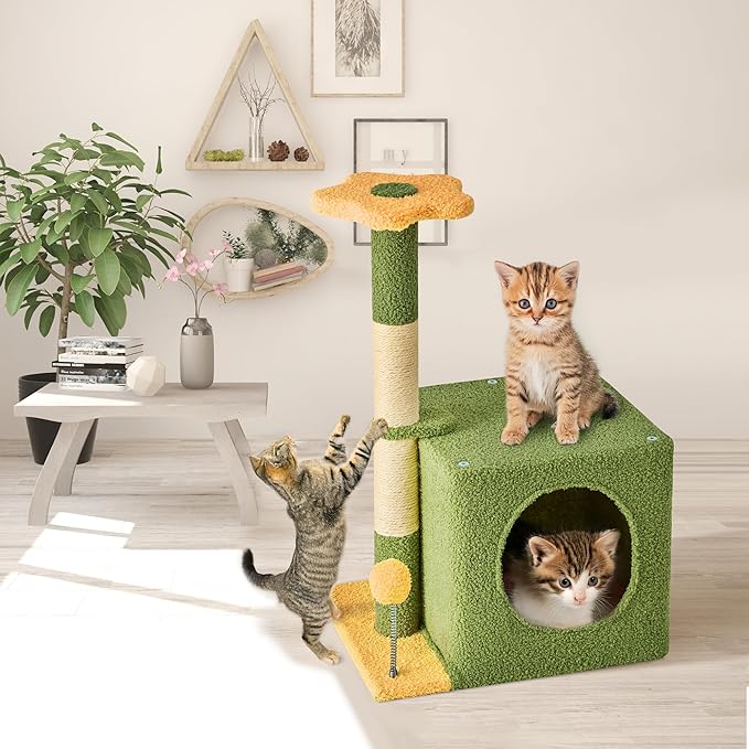 24 Inch Cat Tree Condo for Indoor Cats with Floral Sisal Scratching Post, Plush Hang Ball Play Furniture for Kittens Cats, Yellow-Mewly Pet