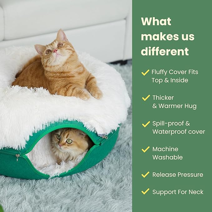 CATTASAURUS Peekaboo Cat Cave for Multiple & Large Cats Up to 30-45 Lbs, Fluffy Cat Beds & Furniture, Scratch Detachable & Washable Tunnel Bed, Comfy Donut Bed (Forest Green, Large (Calming))-Mewly Pet