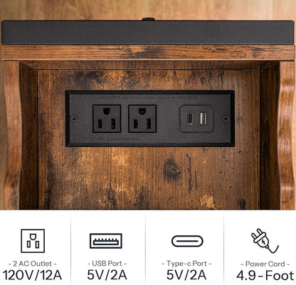 HOOBRO Set of 2 End Tables, Side Table with Charging Station, Flip Top Nightstand with USB Ports and Outlets, Bedside Tables with Shelf for Small Spaces, Living Room, Bedroom, Rustic Brown BF341BZP201