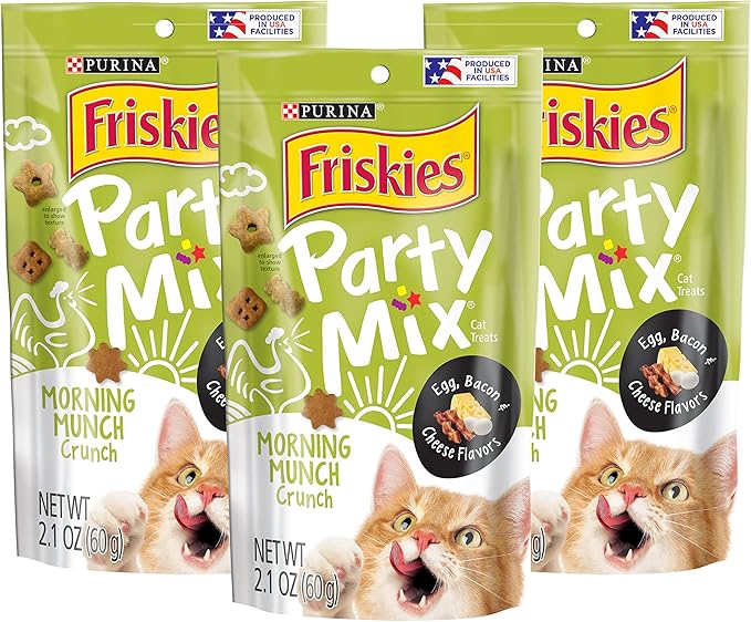 Purina Friskies Party Mix Cat Treats, Morning Munch Crunch with Egg, Bacon & Cheese Flavors, Crunchy & Bite-Sized Cat Treats, 2.1 OZ Pouch (Pack of 3)-Mewly Pet