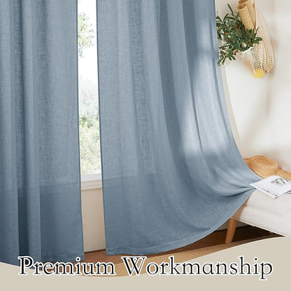 RYB HOME Extra Long Natural Linen Curtains 108 inch Length, Light Filtering Airy Fabric for Bedroom Home Office Cottage, Modern Vertical with Wrinkle Resistance, Dusty Blue, W 100 x L 108, 1 Pc