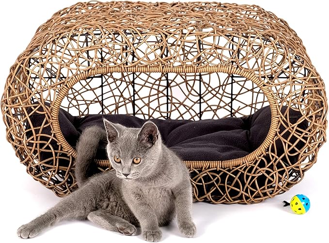 Fun Stackable Cat Condo for Indoor Cats - Interactive Play Faux Rattan Cat House for Indoor Cats Kitty, Pet Friendly Top/Side House Entry, Cat Bed Enclosed-Mewly Pet