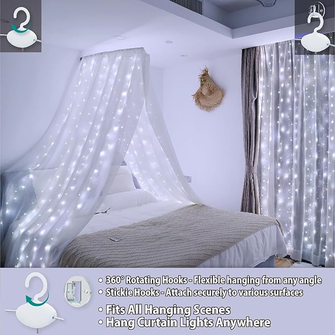HXWEIYE 300LED Fairy Curtain Lights, 9.8x9.8Ft USB Plug-in 8 Modes Christmas String Hanging Lights with Remote for Bedroom Backdrop Wedding Party Indoor Wall Decor, White, Standard