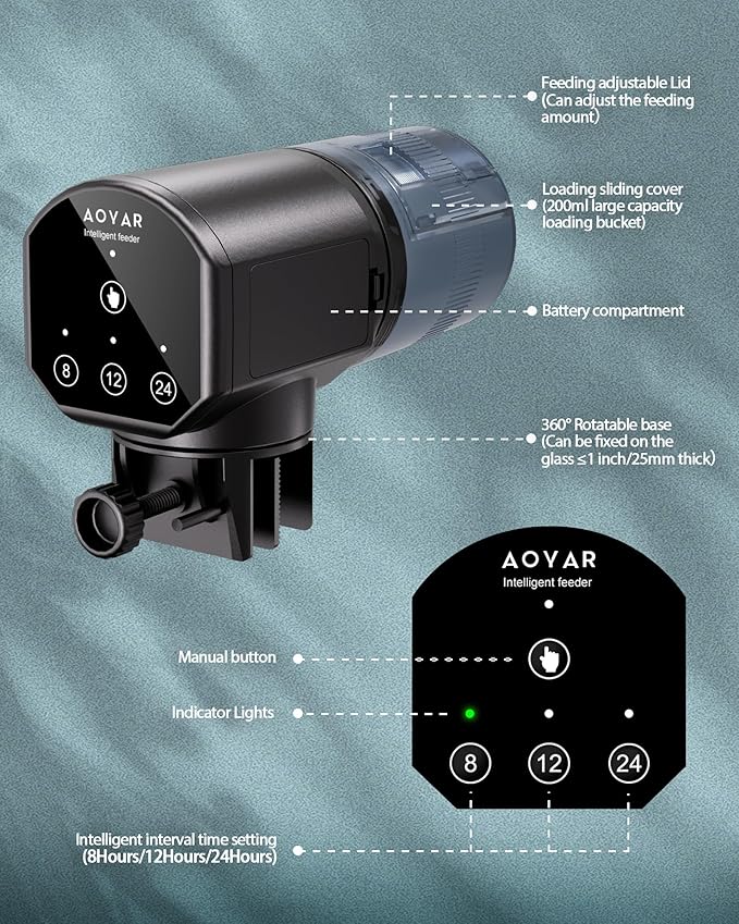 Automatic Fish Feeder Dispenser for Aquarium: 200ml Large Capacity Auto Feeders for Small Tank Turtle Betta Koi - Battery Food Feeding Timer for Flakes Pellet Vacation Weekend Day-Mewly Pet