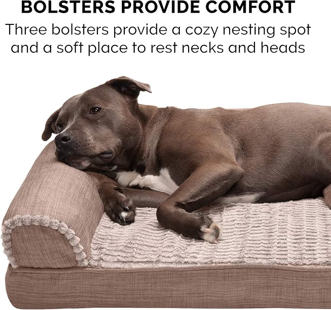 Furhaven Cooling Gel Dog Bed for Large Dogs w/ Removable Bolsters & Washable Cover, For Dogs Up to 95 lbs - Luxe Faux Fur & Performance Linen Sofa - Woodsmoke, Jumbo/XL-Mewly Pet