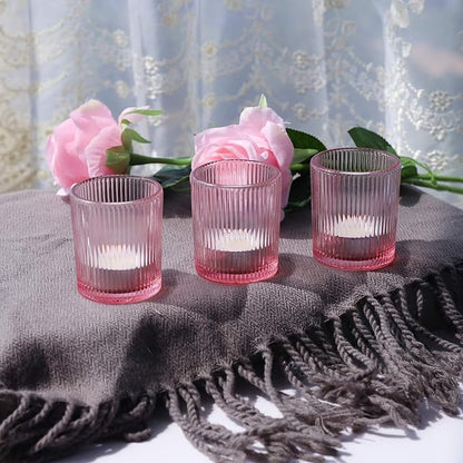 VOHO Pink Candle Holder Set of 12, Ribbed Votive Candle Holders for Pink Room Decor, Tealight Candle Holder Romantic Gifts for Valentine Christmas Decorations(2.1'' x 2.6'')