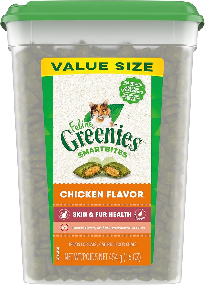 Greenies Feline Smartbites Skin & Fur Health Crunchy and Soft Cat Treats, Chicken Flavor, 16 oz. Tub-Mewly Pet