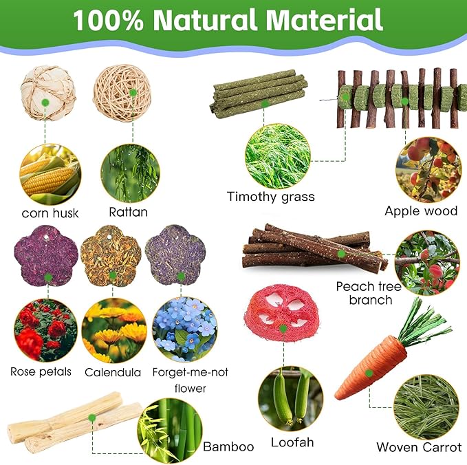 WDEFUN 21-Piece Natural Small Pet Chew Toys Set for Rabbits, Hamsters & Organic Grass Mat, Hay Sticks, Loofah Slices, Wooden Chews & More for Dental Health & Boredom Relief-Mewly Pet