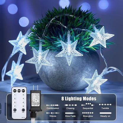 Star String Lights Plug in - 33 ft 100 LED Star Fairy String Lights with Remote and Timer, 8 Modes Waterproof for Bedroom Tent Loft Bed Window Backyard Patio Porch Balcony Staircase Party, White