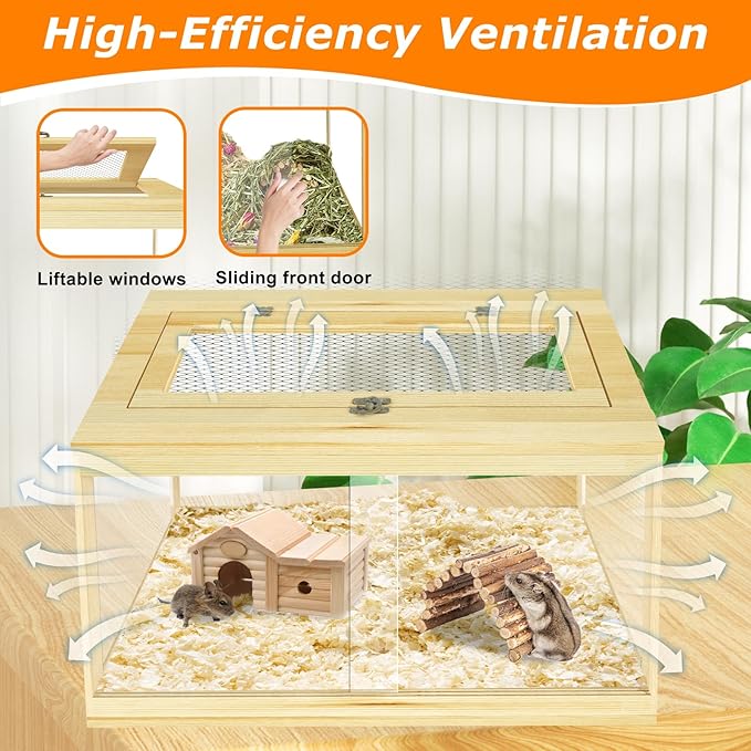 24" Hamster Cage, Lockable Sliding Door Gerbil Cage, Dwarf Hamster Cage with Metal Mesh Roof, Mice and Small Animal Habitat, Chewproof Syrian Hamster Enclosure, (Wooden, 24" L x 16" W x 16" H)-Mewly Pet
