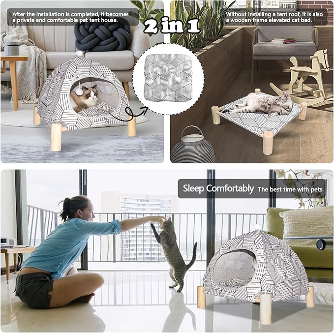2-in-1 Elevated Cat Tent Cat House, Quick Assembly and Disassembly, Portable Indoor/Outdoor Cute Cat Bed Cave-White Diamond Pattern-Mewly Pet