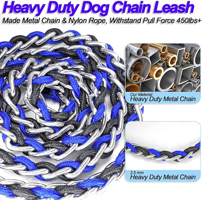 Dog Leash Rope Chain, Nylon Rope Metal Chain for Pet Leads. 6ft Heavy Duty Chew Proof Training Walking for Medium Large Dogs. (Medium, Blue&Black)