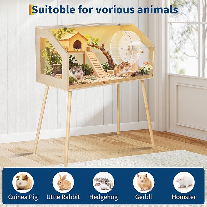 Wooden Hamster Cage with Legs, 40" l x 20" w x 47.5" h Guinea Pig Cages Chew Proof,Large Hamster Habitats Enclosure with Acrylic Window & Openable Top for Guinea Pig, Chinchilla, Gerbil-Mewly Pet