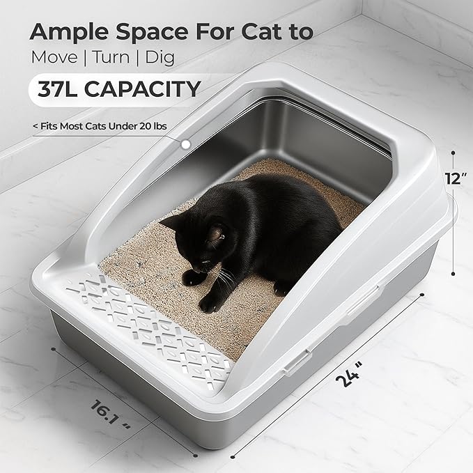 XL Stainless Steel Litter Box with Lid for Big Cats - Prevents Odor & Stains - Leak-Proof, Rust-Free & Non-Stick - Extra Large Cat Litter Box Stainless Steel with Scooper, Brush, Bowl & Mat Included-Mewly Pet