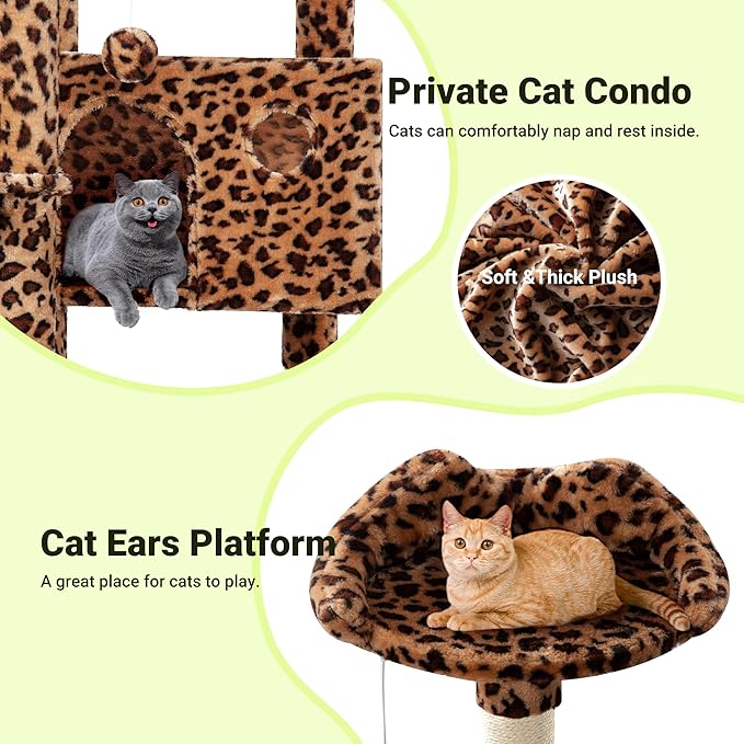 Allewie 64 Inches Cat Tree Tower/Multi-Level Activity Center for Indoor Big Felines/2 Plush Condos/2 Perchs/Basket/House/Sisal Scratching Posts/Hanging Cat Toys/Leopard Print-Mewly Pet