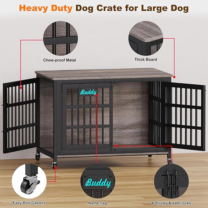 EasyCom 48"/42"/33" XXL Dog Crate Furniture with Casters, Heavy Duty Dog Kennel Indoor for Large Dogs, Escape-Proof and Chew-Proof Dog Cage for high Anxiety Dog, Decorate House as TV Stand, End Table-Mewly Pet