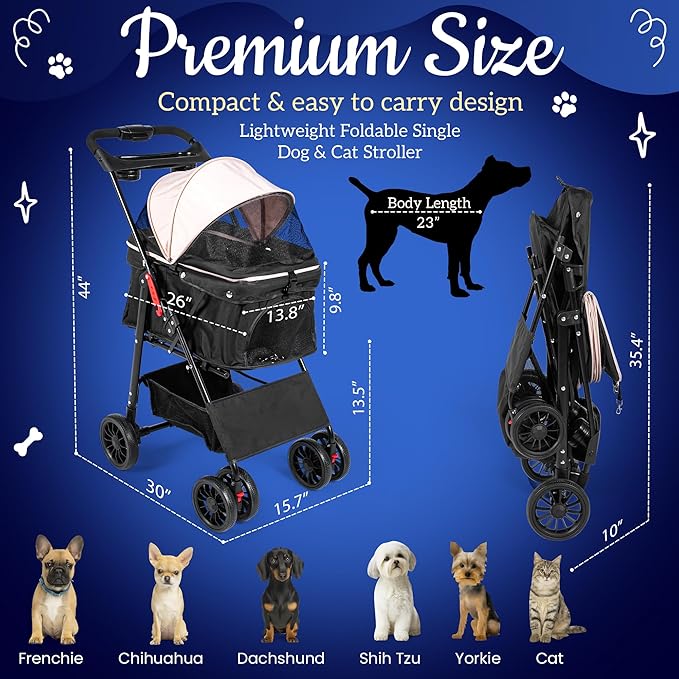 Pet Stroller with 4 Rolling Casters for Pets – Lightweight Multifunctional Travel Stroller with Mesh Windows, Cup Holder, Sun Shades & Storage Pocket for Puppy and Kitty-Mewly Pet