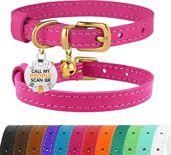 BRONZEDOG Leather Cat Collar with Removable Bells Non Breakaway Kitten QR Tag for Girl Boy (7" - 9" for Cats, Pink & Gold)-Mewly Pet