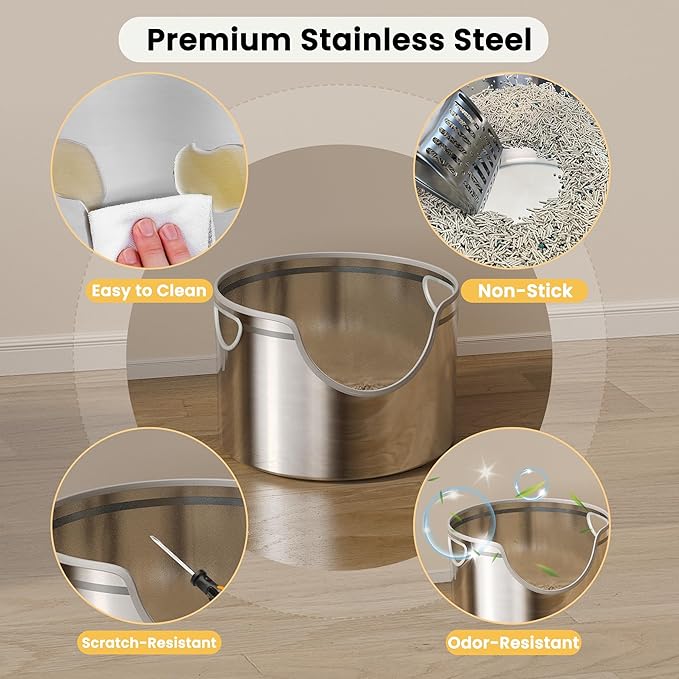 Stainless Steel Litter Box Metal with Integrated Round for XL/XXL Big and Multi Cats, 12" High Wall High Side, Odor Control, Easy to Clean, Durable, Includes Stainless Steel Scoop-Mewly Pet
