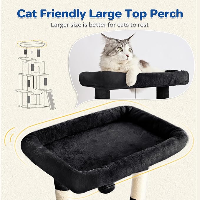 Cat Tree Tower 63in Multi-Level Cat Tower for Indoor Cats with Sisal Scratching Posts, Condo, Hammock, Dangling Ball and Extended Platform for Cats to Play, Black-Mewly Pet