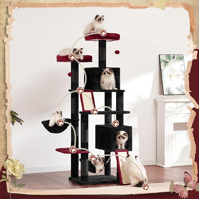 Cat Tree for Indoor Cats, 71'' (180cm) Multi-Level Cat Tower for Large Adult, Gothic Sturdy Cat Tree House with 2 Scratching Boards 7 Posts, 2 Plush Perches/Condos, Hammock, Black GCT032BR-Mewly Pet