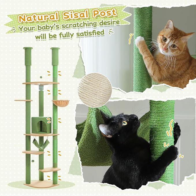 PEQULTI Floor to Ceiling Cat Tree 92.9’’-101.6’’ Height Adjustable Cat Tower Tall Kitty Climbing Play House with Scratching Posts, Cozy Condo, Perches and Large Hammock for Indoor Cats Green-Mewly Pet