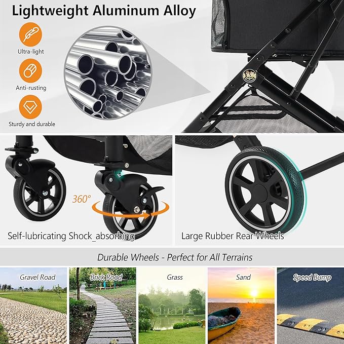 Medium Dog Stroller, Kenyone Pet Stroller for Medium Dogs Up to 55lbs, Lightweight Aluminum Frame, One Click Folding, Large Cat Stroller with No Zip Entry, Detachable Mesh, Multiple Pockets-Mewly Pet