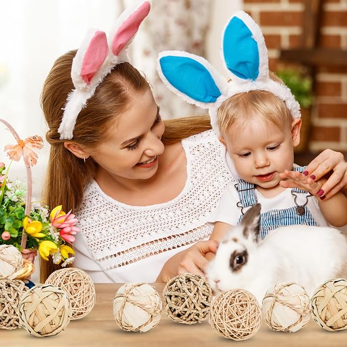 8 Pack Small Pet Chew Toys - 7cm Natural Woven Balls for Rabbits, Guinea Pigs, Hamsters (2 Seagrass, 2 Rattan, 2 Corn Husk, 2 Seaweed Rope) - Safe Dental Grinding Toys-Mewly Pet