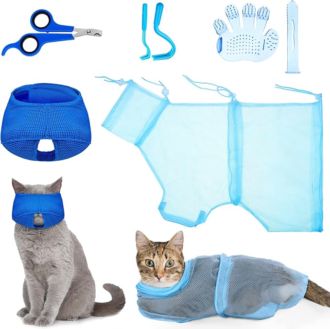 Patelai 5 Pcs Cat Bathing Bag Set Cat Grooming Bag Adjustable Pet Shower Net Muzzles Nail Clipper Tick Remover Tool Massage Brush(Blue)-Mewly Pet