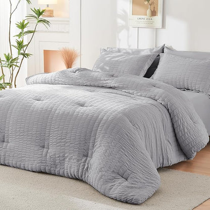 HYMOKEGE Light Grey King Size Comforter Set Seersucker 7 Pieces, All Season Luxury Bed in a Bag for Bedroom, Bedding Set with Comforters, Sheets, Pillowcases & Shams