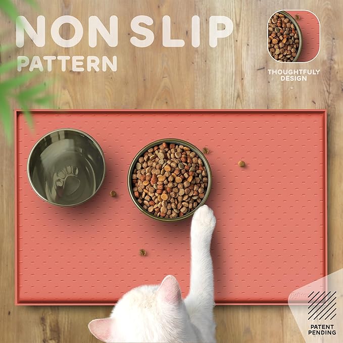 Dog Food Mat - 28x18 Raised Edges Dogs Mat for Food and Water Prevent Spill, Waterproof Cat Food Mats Protect Floors, Easy Clean Dog Bowl Mats for Food and Water, Silicone Pet Feeding Placemats-Mewly Pet