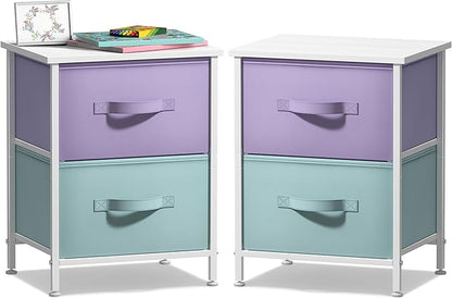 Sorbus Nightstand with 2 Drawers - Kids Bedside Furniture End Table Night Stand - Steel Frame, Wood Top & Easy Pull Fabric Bins - Dresser & Chest for Home, Bedroom Accessories, Office & Dorm (2 Pack)