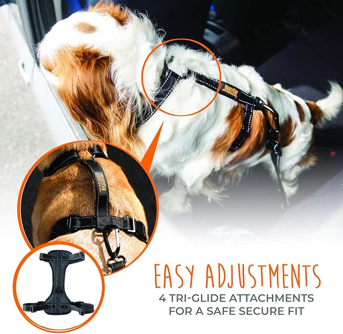 Mighty Paw Dog Car Harness - Vehicle Safety Gear - 2 Leash Attachment - Adjustable Straps - Reflective Stitching - Soft Padding - Standard Harness Functionality - No Pull Front Leash Attachment - L-Mewly Pet