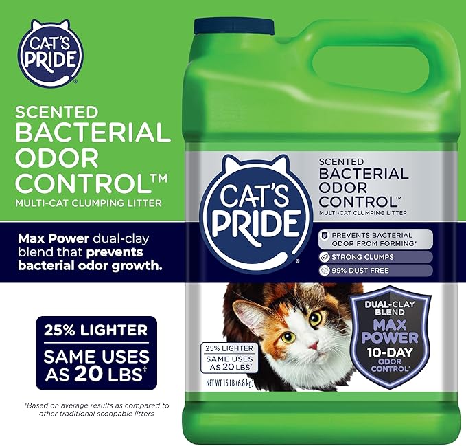 Cat's Pride Max Power: Bacterial Odor Control - Up to 10 Days of Powerful Odor Control - Strong Clumping - 99% Dust Free - Multi-Cat Litter, Fresh Scented, 15 Pounds-Mewly Pet