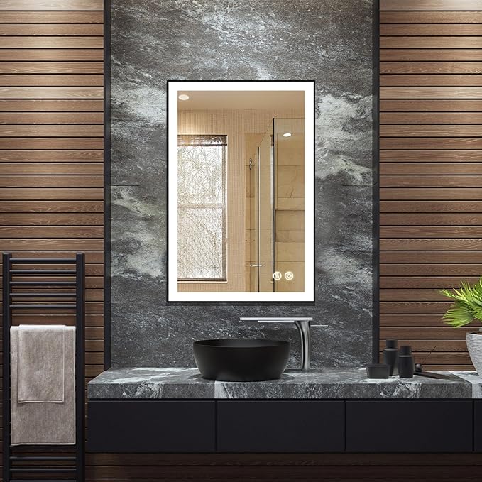 Fab Glass and Mirror LED Lighted Bathroom Mirror 30 x 40 Inch, Black Framed Wall Mounted Dimmable Vanity Mirror, Anti-Fog Touch Sensor, Adjustable Color Warm/White/Natural