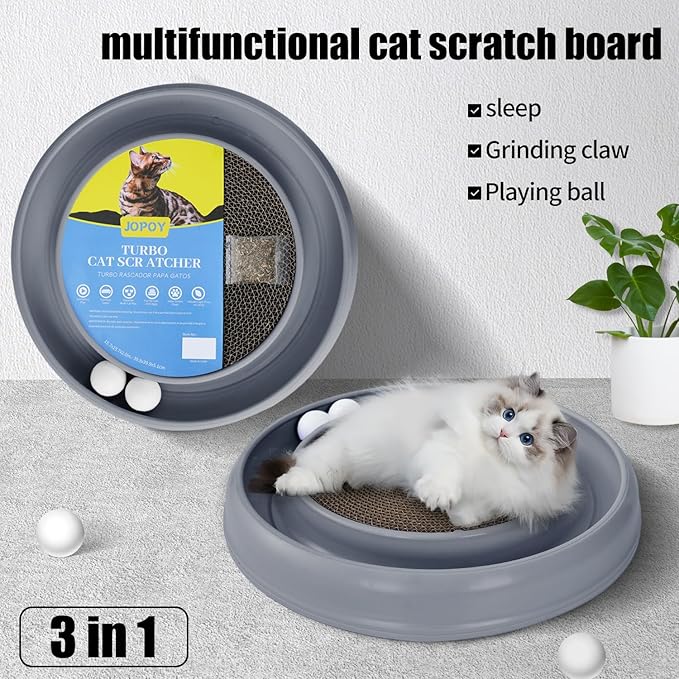 Interactive Cat Scratcher with Two Rotating Balls,Durable Scratch Pad for Indoor Play,Cardboard Cat Scratcher Pad with Cat Toy Ball Track and Catnip,2-in-1 Cat Toy (Grey)-Mewly Pet