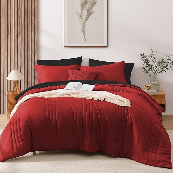 Monbix Full Comforter Set - 7 Pieces Bright Red Bed in a Bag Full Size Bedding Sets with Comforters, All Seasons Down Alternative Comforter with Sheets, Pillowcases & Shams